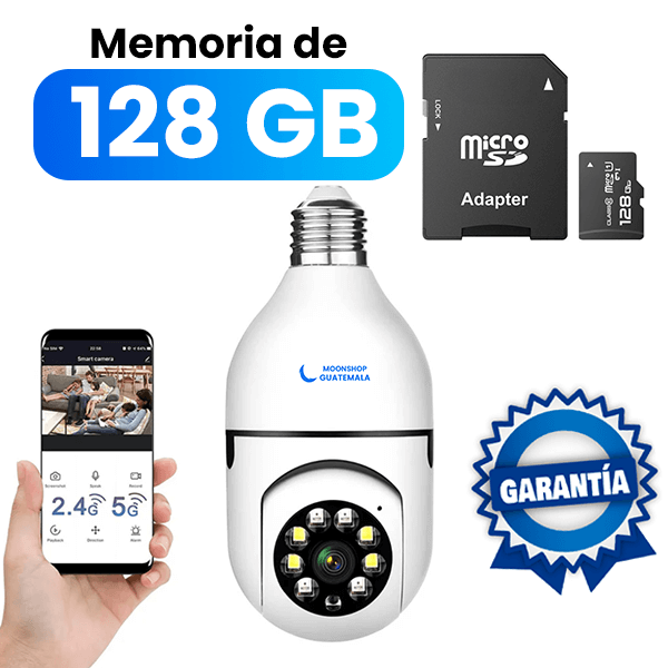 Cámara de seguridad tipo foco con memoria micro SD de 128 GB y adaptador