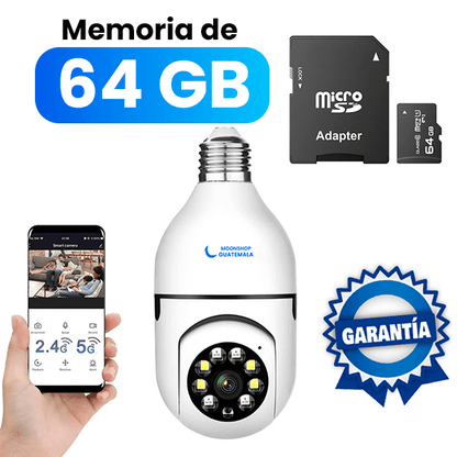 Cámara de seguridad tipo foco con memoria micro SD de 64 GB y adaptador