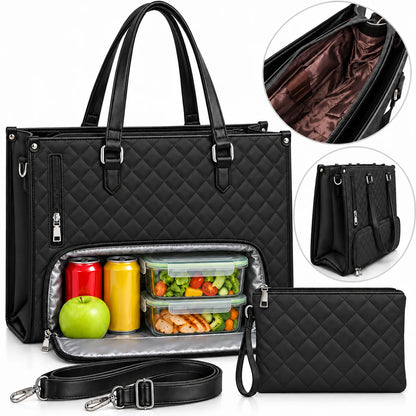 Bolso tipo tote acolchado negro con cartera de mano, correa de hombro y bolsillo frontal con forro plateado