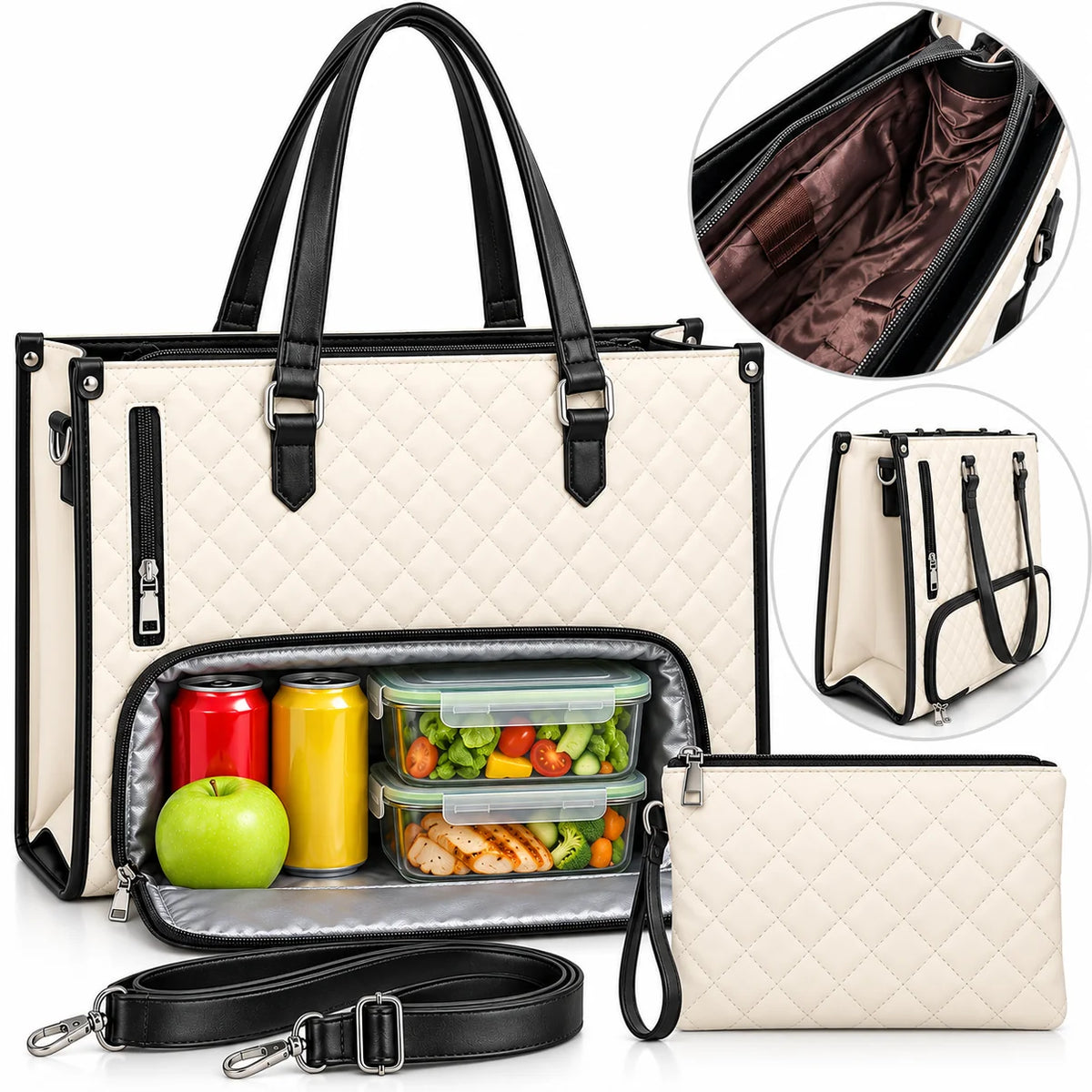 Bolso tipo tote acolchado blanco crema con detalles negros, cartera de mano y correa de hombro