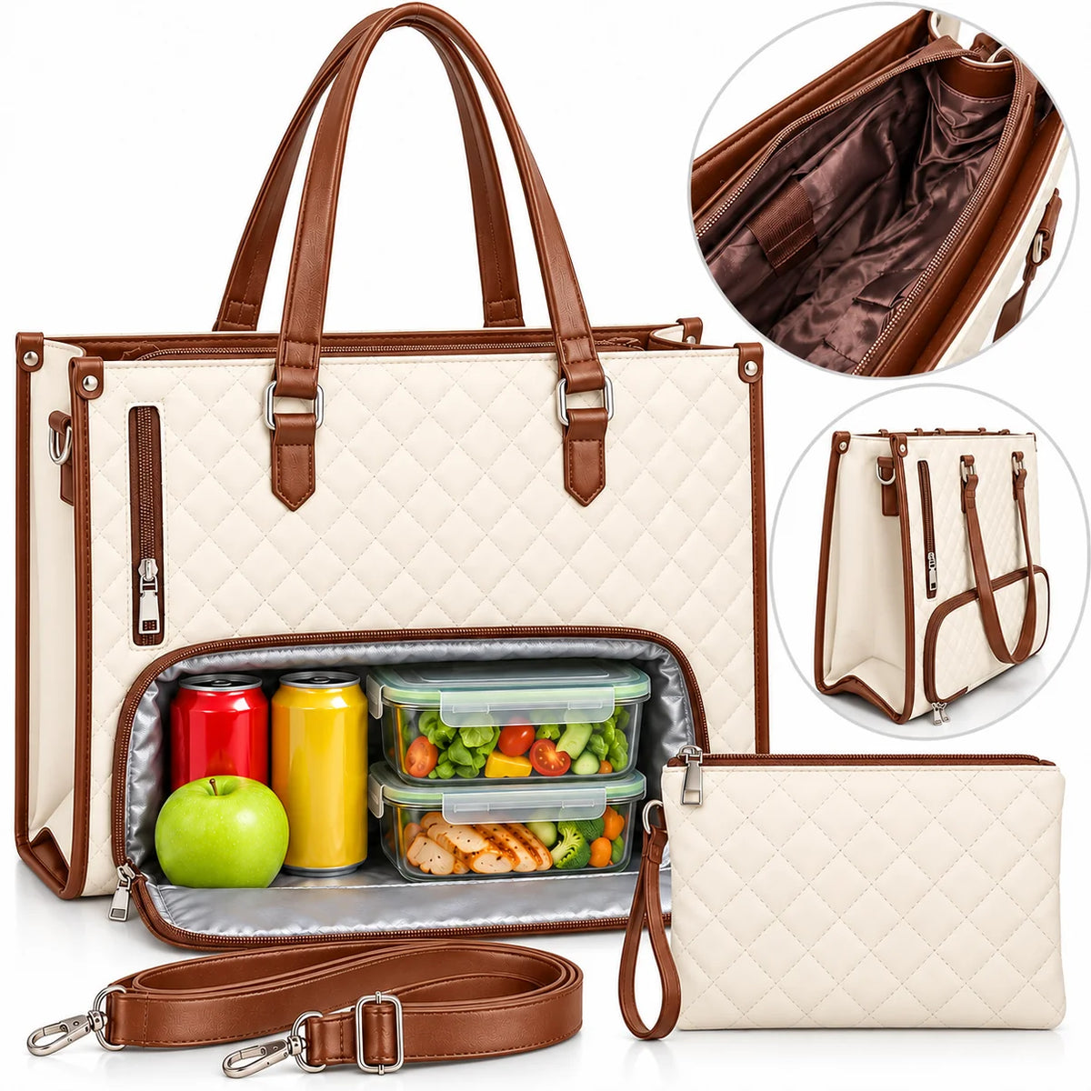 Bolso tipo tote acolchado blanco crema con detalles café, cartera de mano y correa de hombro