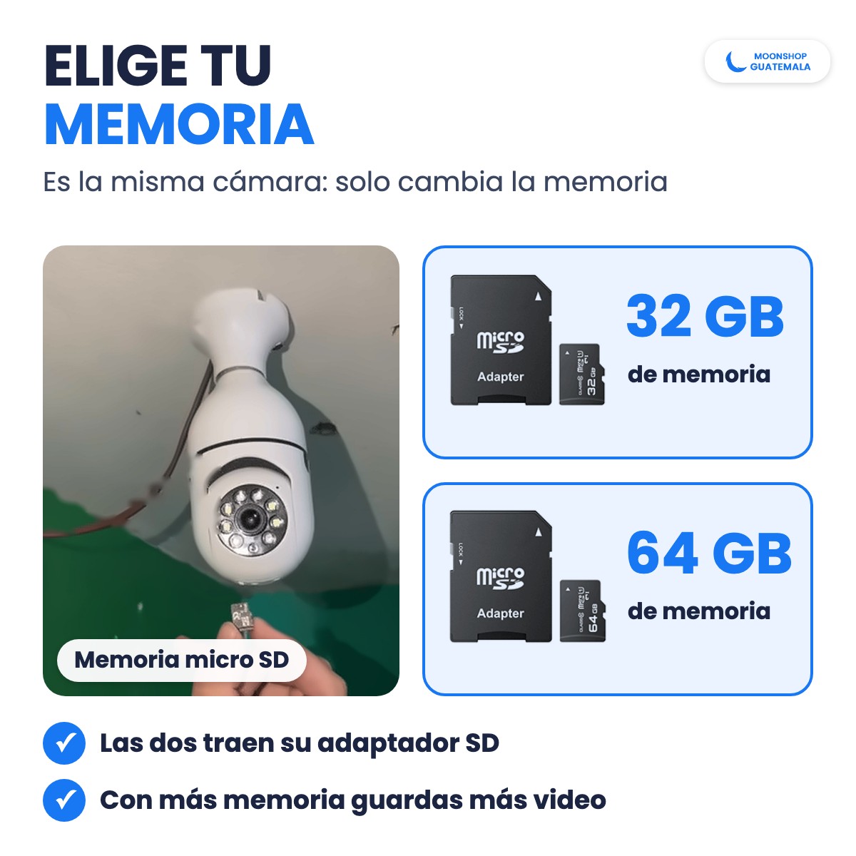 Cámara de seguridad tipo foco con memoria micro SD y su adaptador SD; eliges la capacidad de la memoria