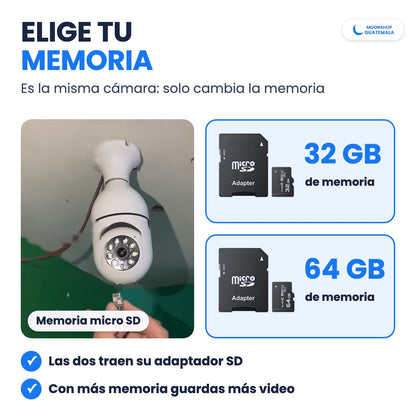 Cámara de seguridad tipo foco con memoria micro SD y su adaptador SD; eliges la capacidad de la memoria