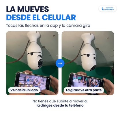 Cámara tipo foco girando para ver hacia otro lado mientras la mueven desde la app del celular