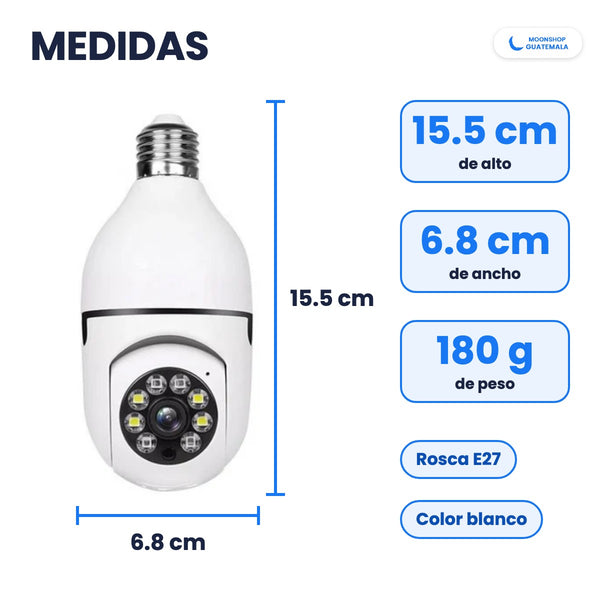 Medidas de la cámara de seguridad tipo foco: 15.5 cm de alto, 6.8 cm de ancho, 180 g, rosca E27, color blanco
