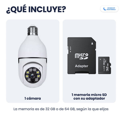 Qué incluye la cámara de seguridad tipo foco: 1 cámara y 1 memoria micro SD con su adaptador