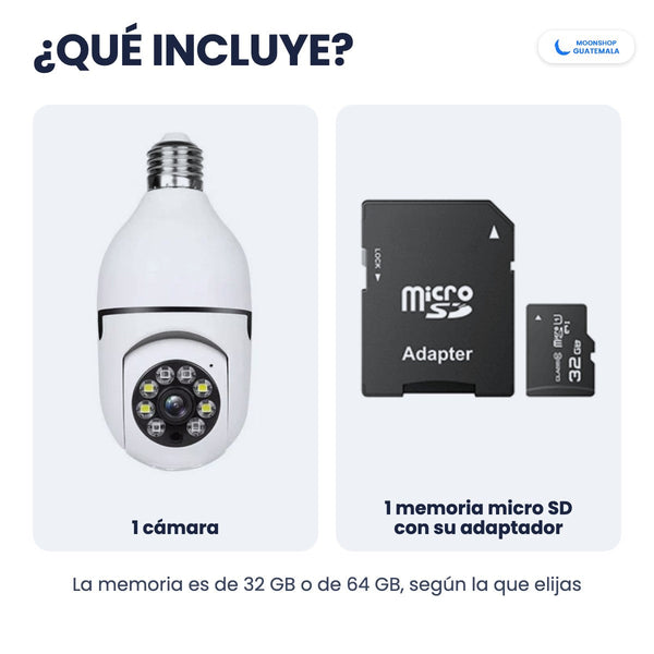 Qué incluye la cámara de seguridad tipo foco: 1 cámara y 1 memoria micro SD con su adaptador