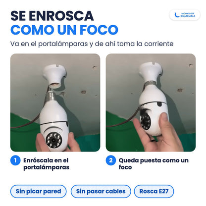 Cámara de seguridad tipo foco enroscándose en un portalámparas del techo: se instala como un foco, sin picar pared ni pasar cables
