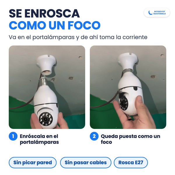 Cámara de seguridad tipo foco enroscándose en un portalámparas del techo: se instala como un foco, sin picar pared ni pasar cables