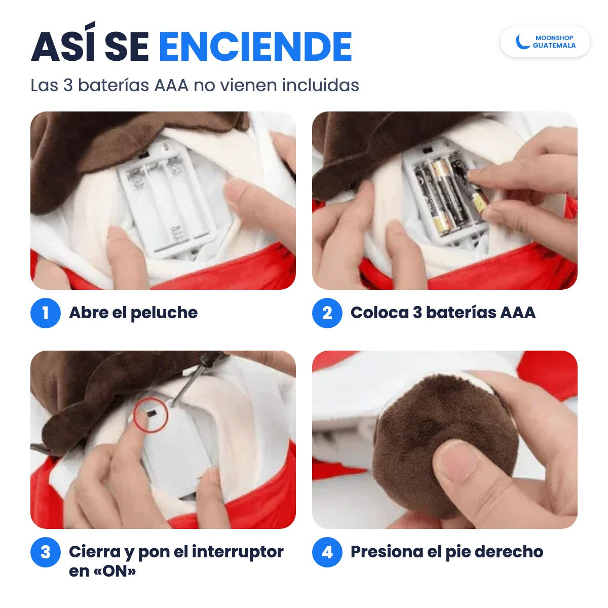 Cómo encender el peluche de Jesús que respira: abre, coloca 3 baterías AAA, pon el interruptor en ON y presiona el pie derecho