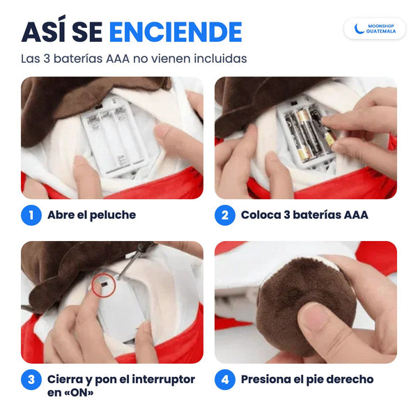 Cómo encender el peluche de Jesús que respira: abre, coloca 3 baterías AAA, pon el interruptor en ON y presiona el pie derecho