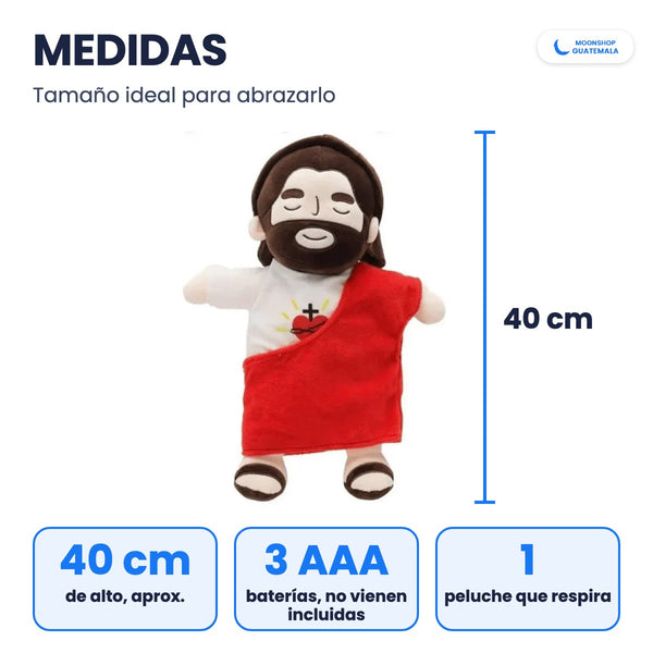 Medidas del peluche de Jesús que respira: 40 cm de alto, funciona con 3 baterías AAA no incluidas