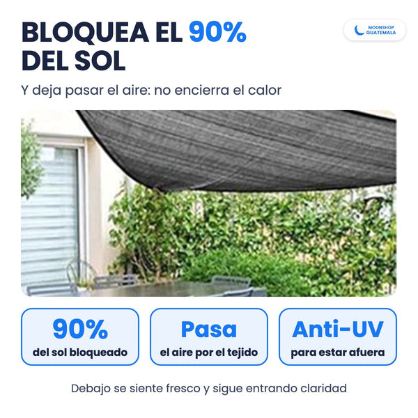 Malla sombra sarán que bloquea el 90% del sol y deja pasar el aire, colgada sobre la mesa de una terraza