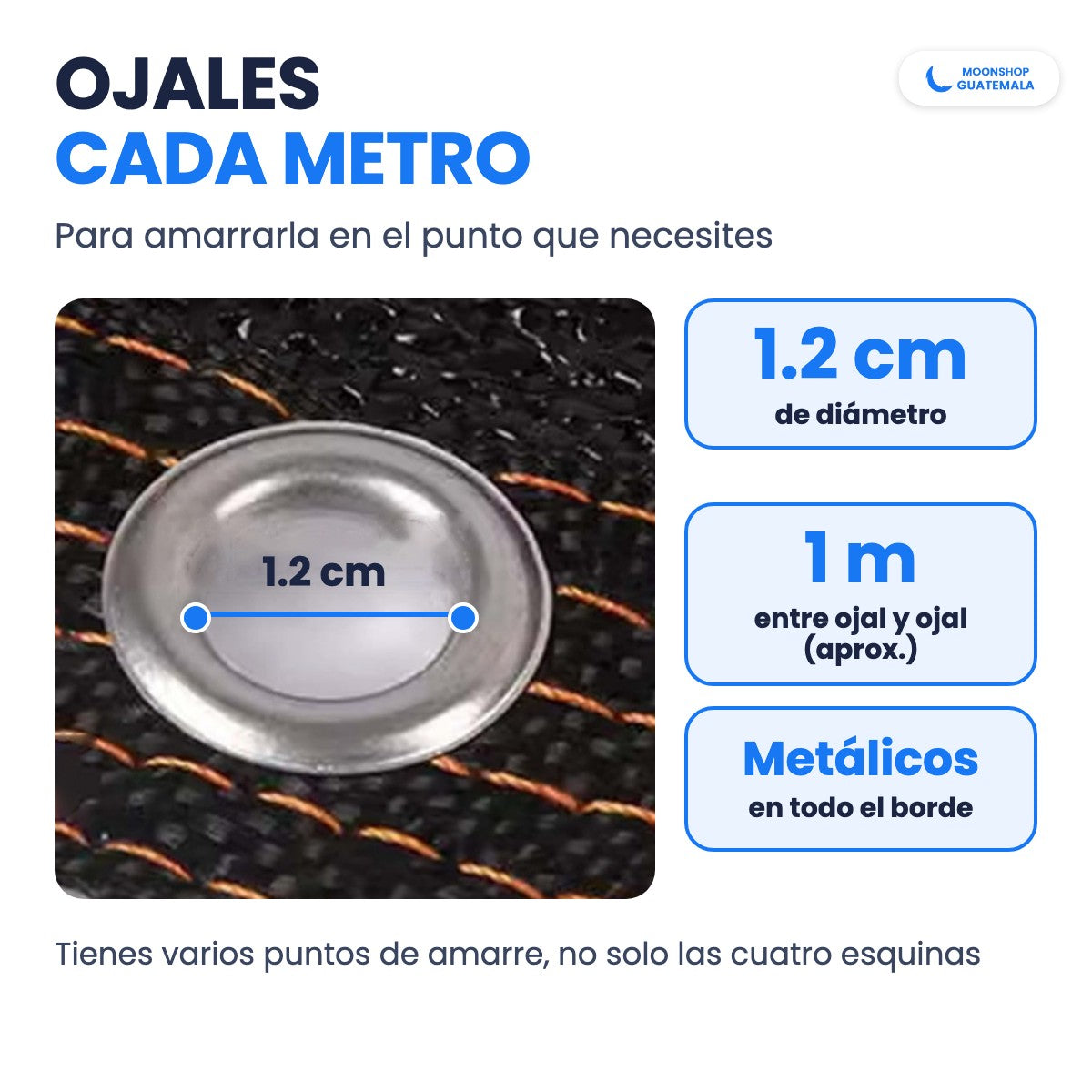 Ojal metálico de 1.2 cm de diámetro en el borde de la malla sombra, colocado aproximadamente cada metro