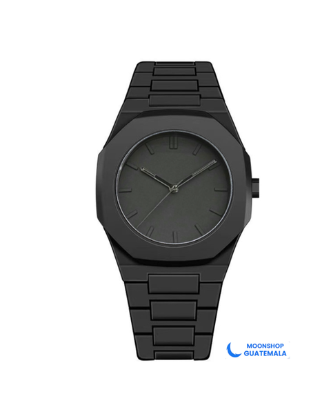 Reloj minimalista negro para hombre con caja octogonal y esfera negra mate