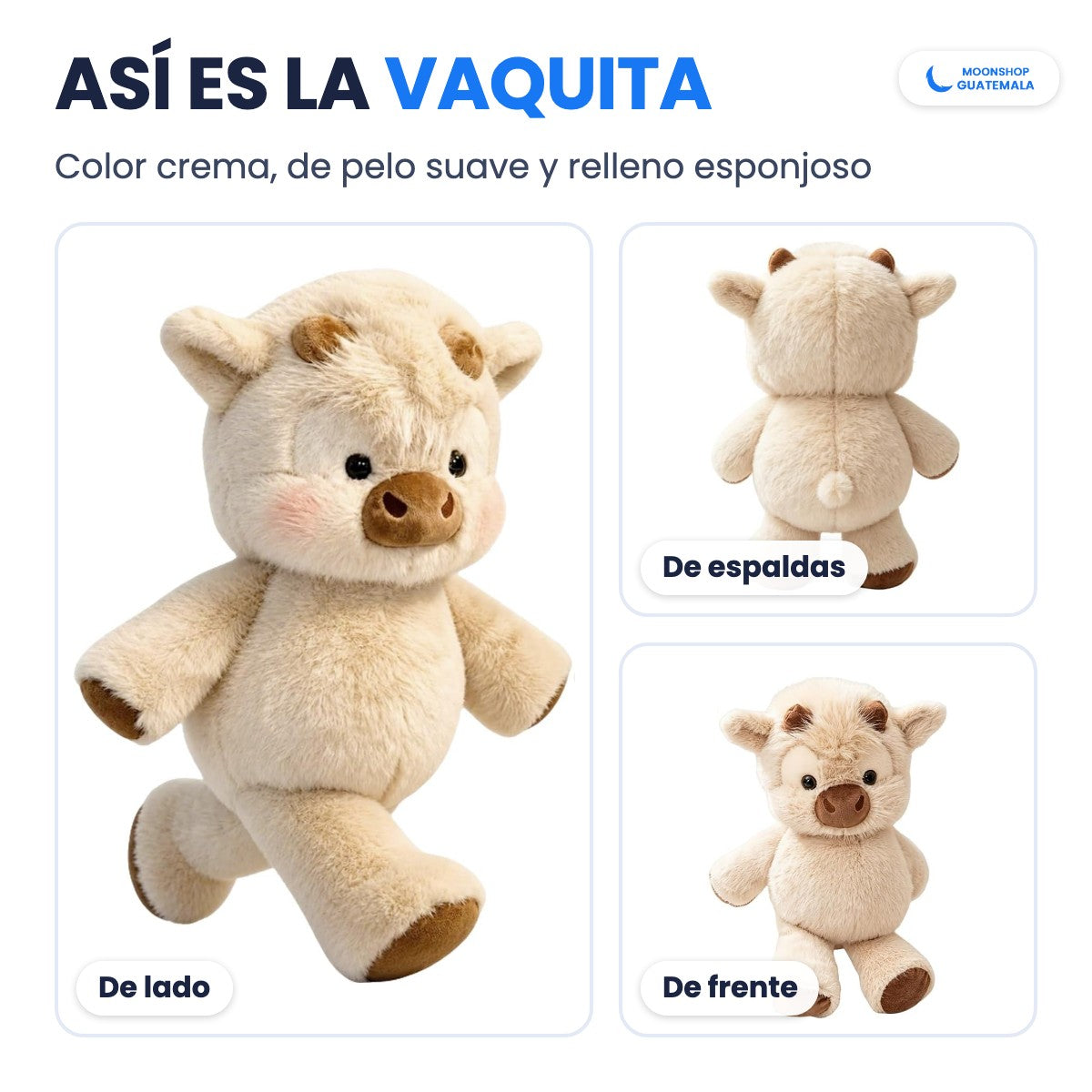 Vaquita que corre de peluche color crema, vista de lado, de espaldas y de frente